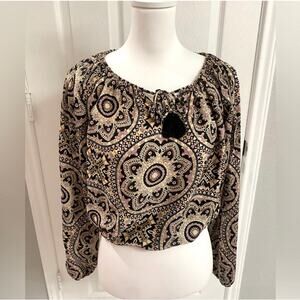 ❤️  Boho-Chic Peasant Blouse Mandala Gold Long Sleeve Size Small